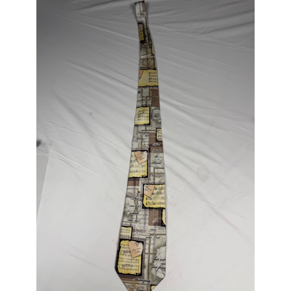 Larson Vintage Mens Silk Tie Amazing Grace Hymn Sheet Music Religious Beige